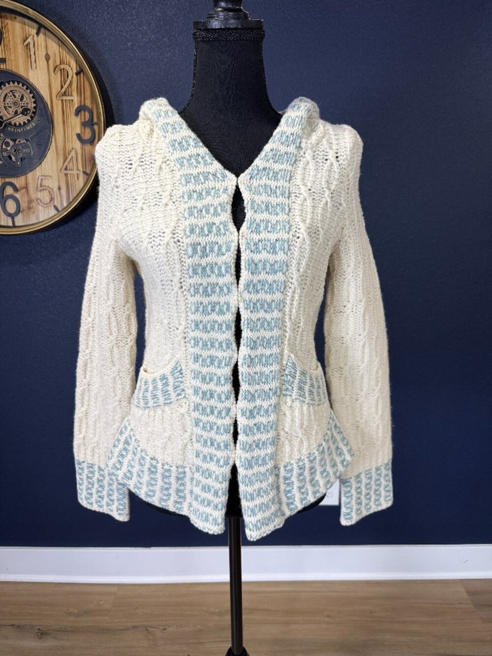 Sleeping on Snow Anthropologie Cream Blue Fair Isle Hooded Wool Cardigan | M